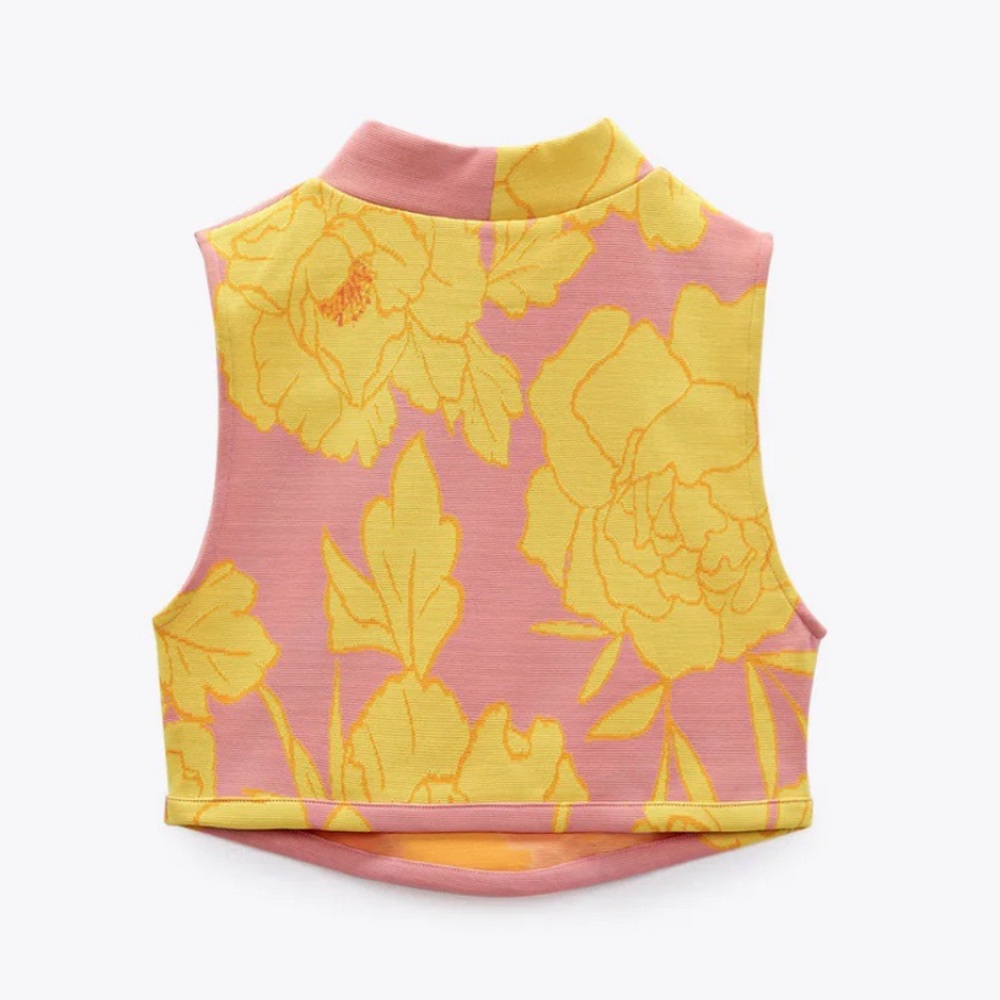 Zara NWT Floral Jacquard Mock Neck Crop Top in Peach Pink/Yellow Size Small - Picture 5 of 13